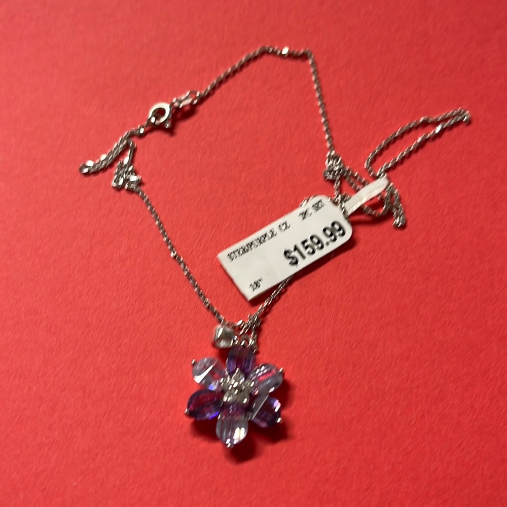 925 Sterling Silver necklace with lovely purple flower with small rhinestones